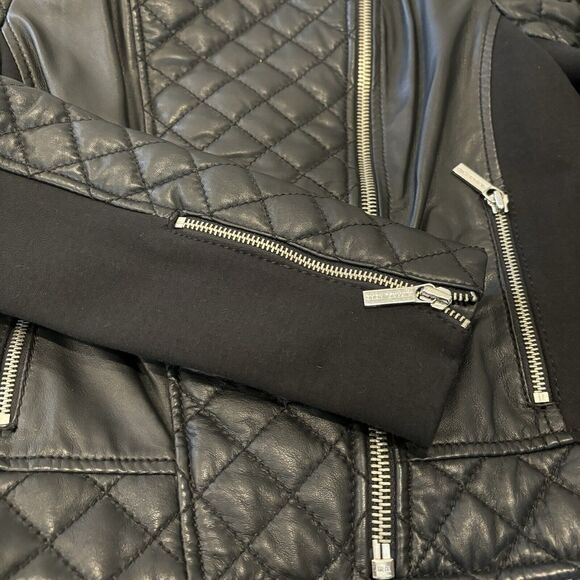 Michael Kors Lamb Leather Biker Jacket Small Black Zip Front Pockets Quilted - Picture 5 of 10